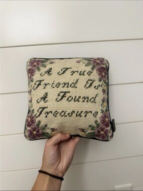 Vintage 1970s Square Throw Pillow Tapestry Front Velvet Back Friendship Floral